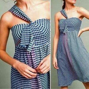 Anthropologie Maeve Wavery blue gingham plaid One Shoulder Dress 12 L